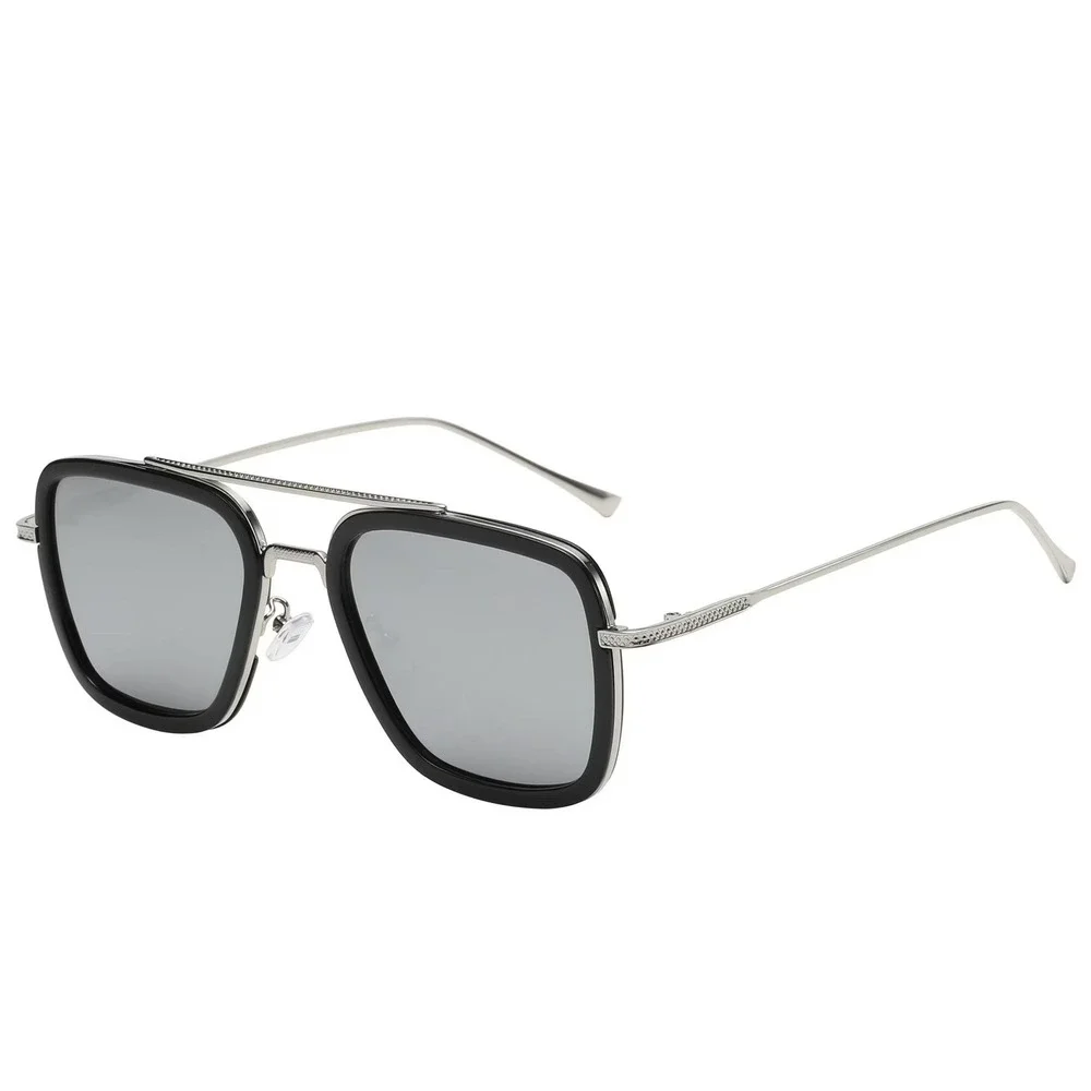 Mens Square Sunglasses Silver Mirror Lens Black Frame Double Bridge Classic 2026